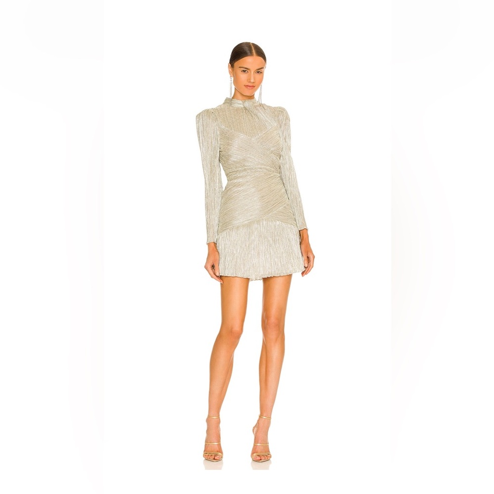 SAYLOR Gold Ruched Sheath Dress with Bishop Sleeves